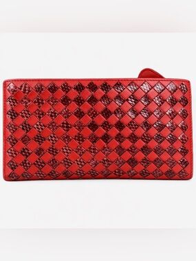 Bottega Veneta Red Python Woven Leather Continental Wallet